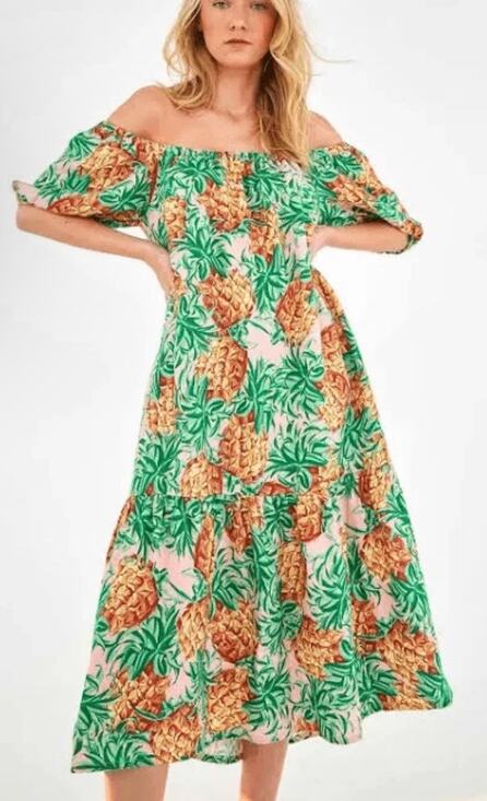 FARM Rio Dresses & Skirts - Farm Rio Pineapple Garden Linen Dress Off Shoulder Puff Sleeve Midi M Tropical
